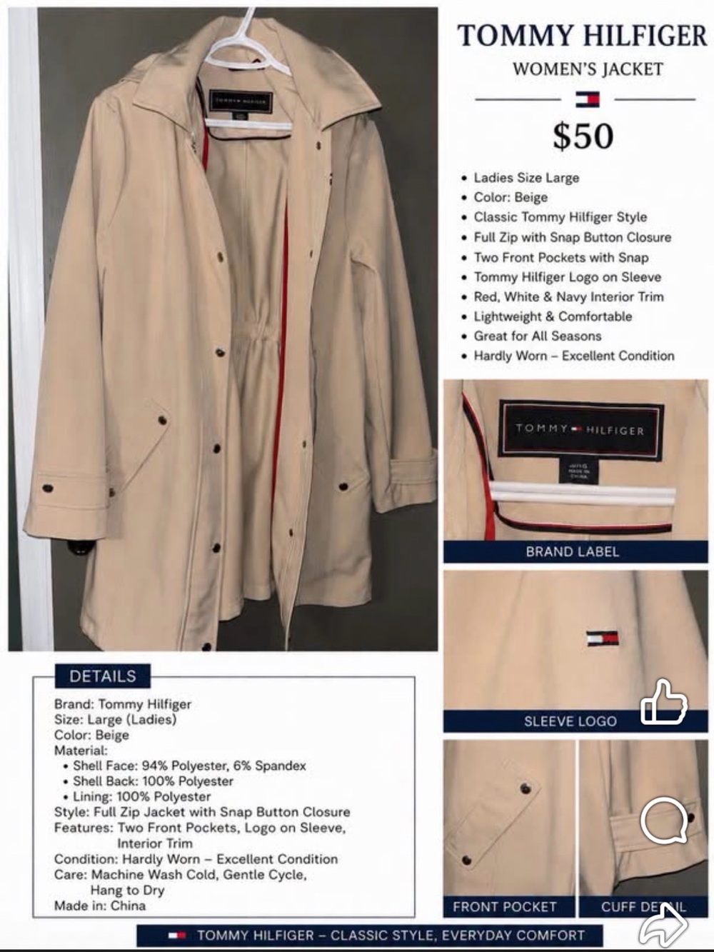 Tommy Hilfiger Beige Anorak Jacketwith Red Interior Trim